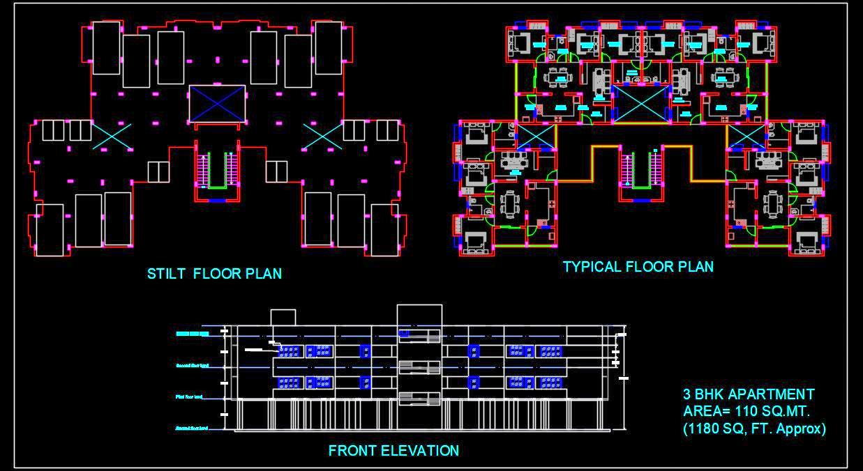 Multi-Family Residential Tower 3BHK Apartments DWG File